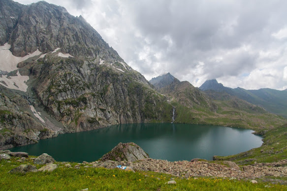 Gadsar Lake surrounded by rugged peaks